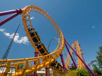 A roller coaster at an amusement park.